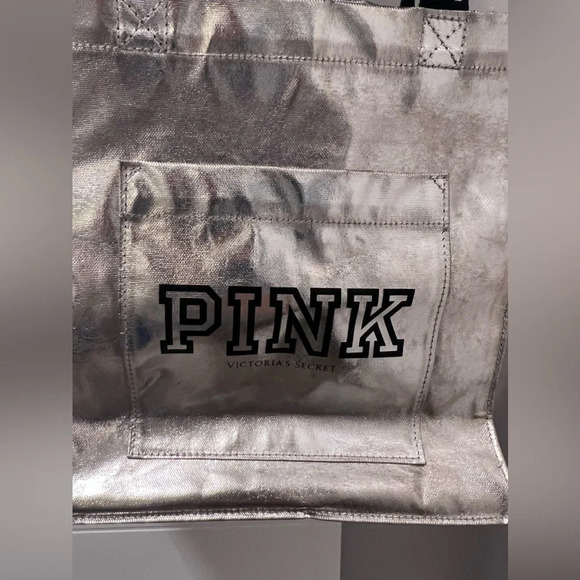 PINK Victoria's Secret Silver Logo SMALL Metallic Bag Tote Pockets Canvas VS - Picture 2 of 3